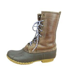 LL Bean Lace Up Shearling Lined Mid Calf Duck Boots Brown Leather 6 M